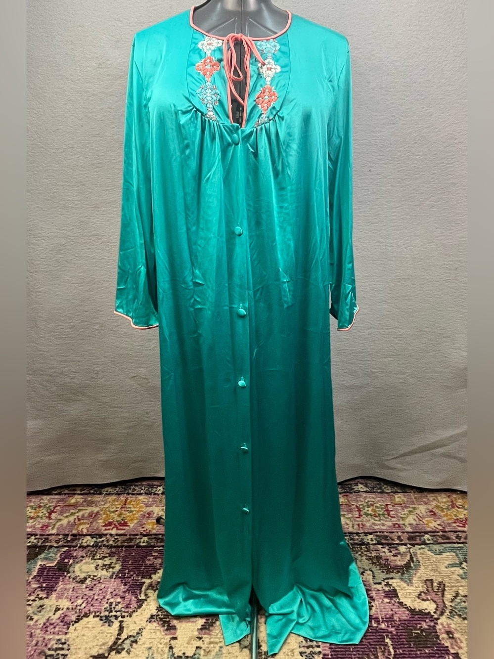 Vintage 1970s Aqua & Pink Floral nylon button front robe nightgown JCPenney
